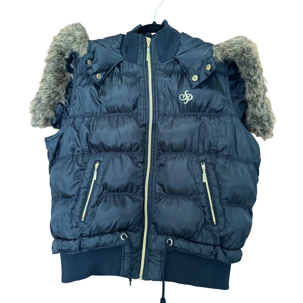 VTG SouthPole Black Puffer Vest Faux Fur Hood Y2K Hip Hop Streetwear Gold Zip